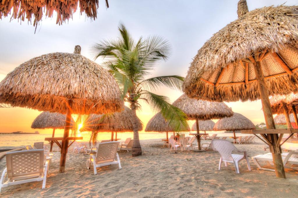 a group of straw umbrellas and chairs on a beach at Hotel Santorini Casablanca in Santa Marta