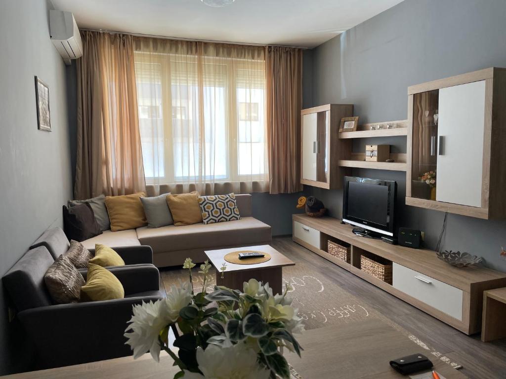 Radost في مدينة فارنا: غرفة معيشة مع أريكة وتلفزيون