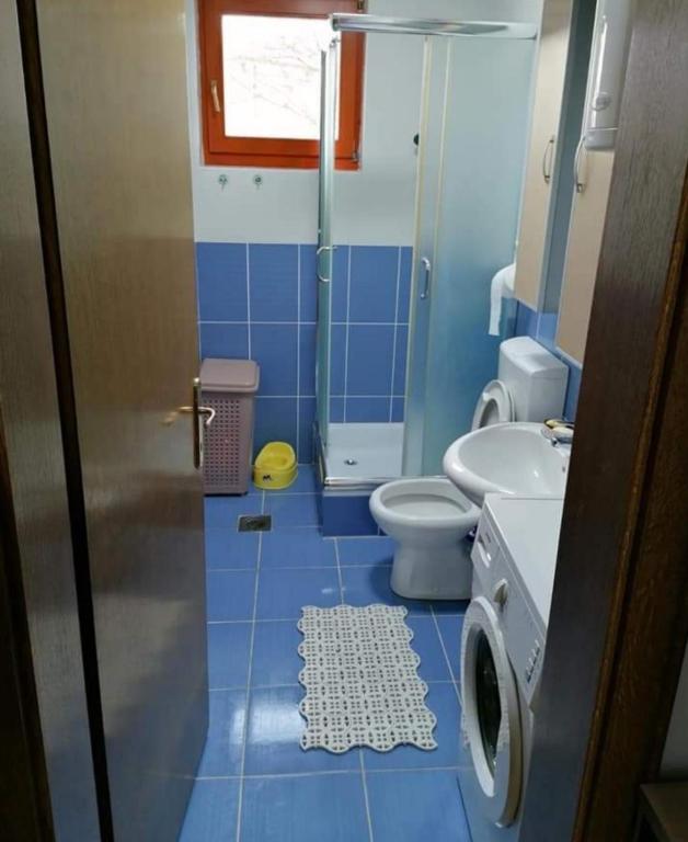 a blue bathroom with a toilet and a sink at Apartman Elena in Vrnjačka Banja