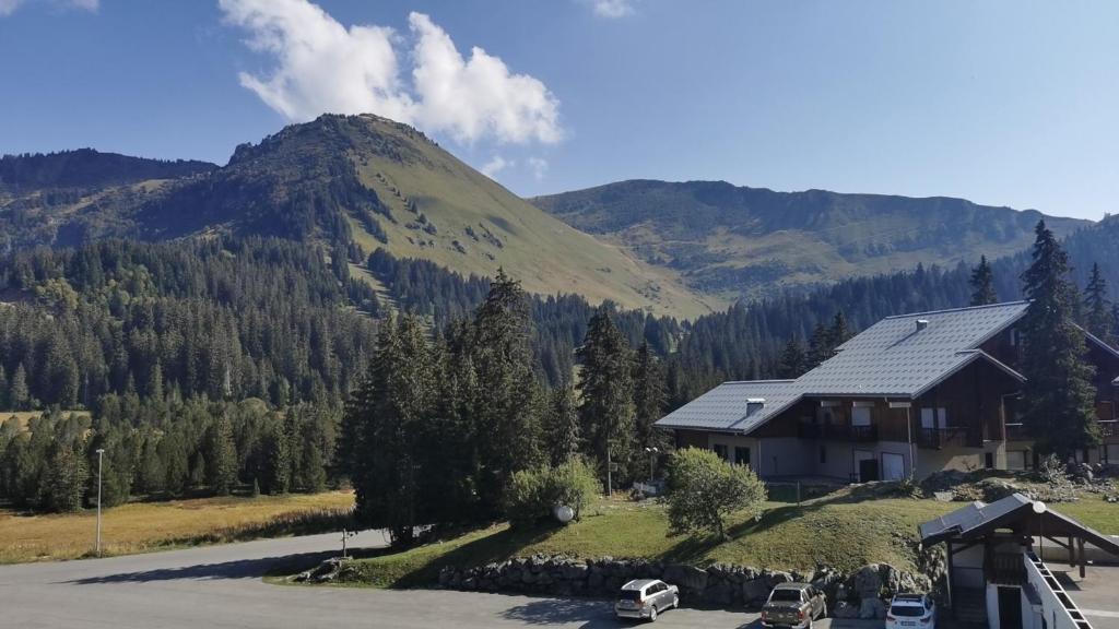 a house on a hill with a mountain in the background at Studio les fleury in Mieussy