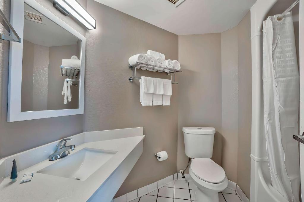 a bathroom with a sink and a toilet and a mirror at Motel 6-Denison, TX in Denison