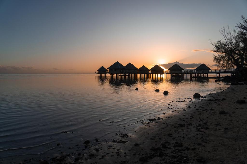 un grupo de cabañas en el agua al atardecer en Le Charme Polynésien proximité plage et commerces, en Punaauia