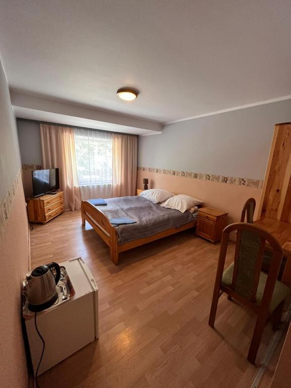 a bedroom with a bed and a television in it at Chata Baryła in Sulęczyno