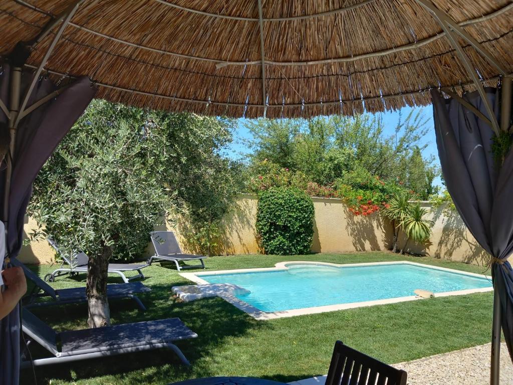 a backyard with a swimming pool and a straw umbrella at Dame Tartine in Pernes-les-Fontaines