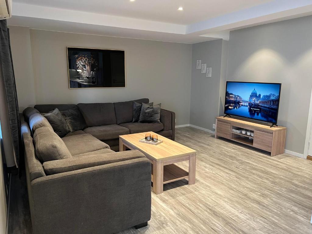 ein Wohnzimmer mit einem Sofa und einem Flachbild-TV in der Unterkunft Notodden Sentrum Apartment NO 9 in Notodden