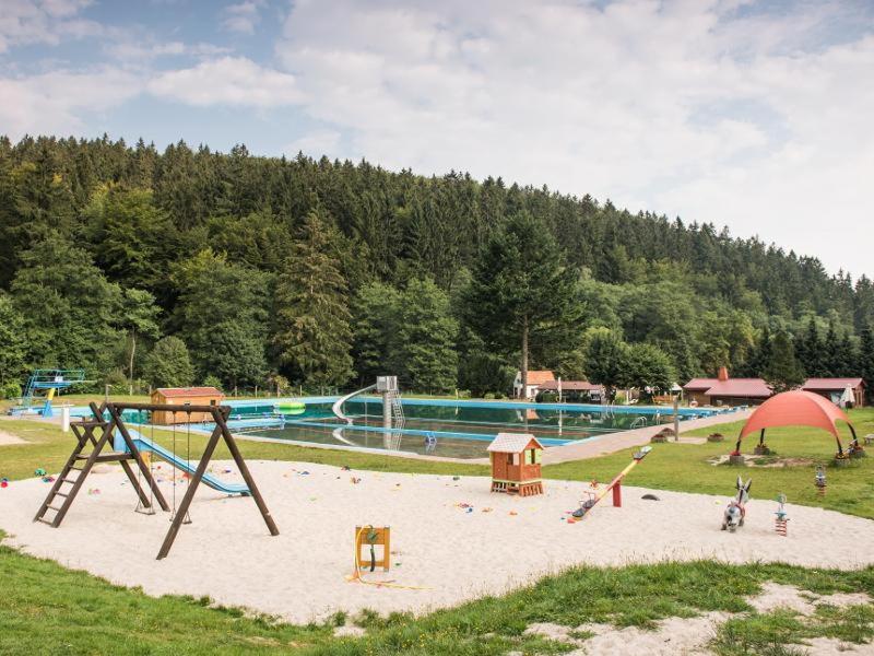 einen Spielplatz mit Rutsche und Schaukel in einem Park in der Unterkunft ferienwohnungen.ruhla in Ruhla