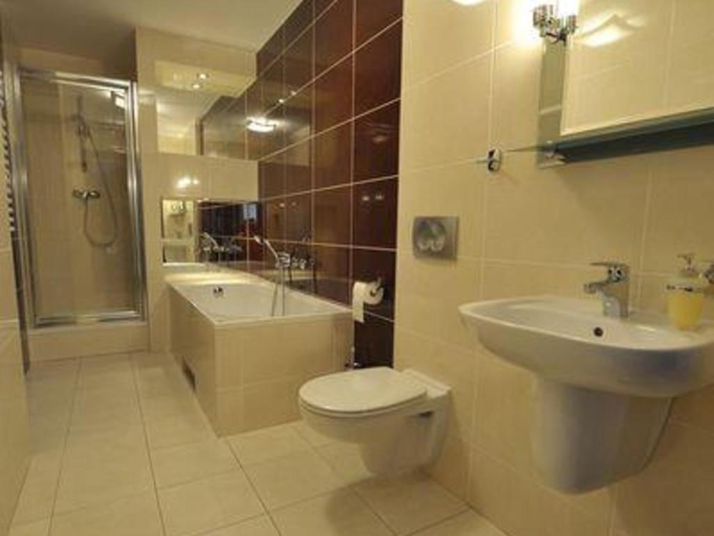 a bathroom with a toilet and a sink and a shower at Zajazd Magda in Kroczyce