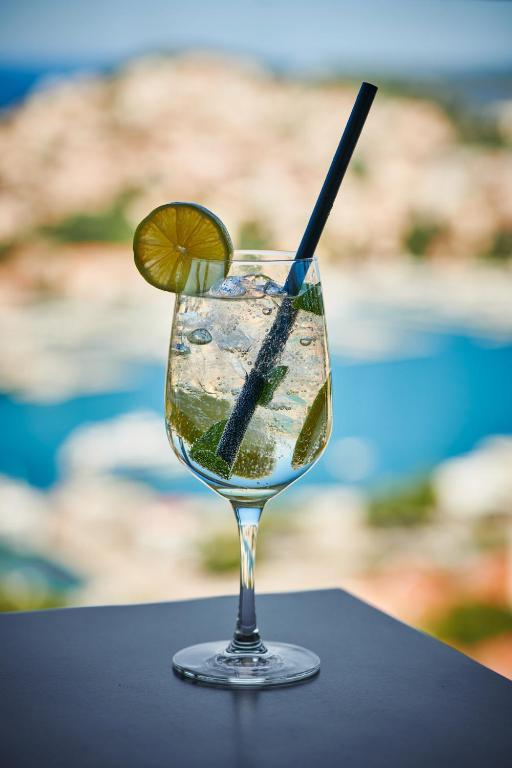 a glass of water with a lime and a stick at Hotel Adria in Dubrovnik