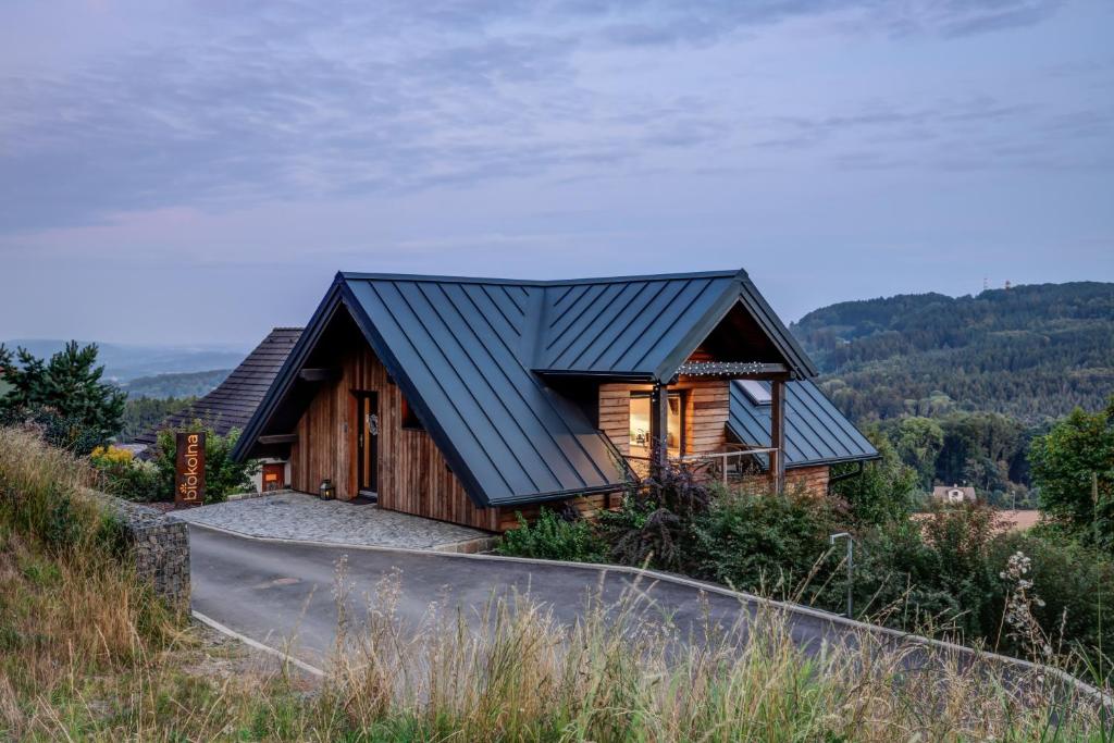 una casa con un tetto di metallo in cima a una collina di Wellness apartmány Český ráj & Biokolna a Lomnice nad Popelkou