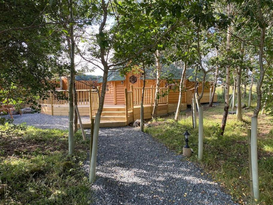 eine Hütte im Wald mit einem Zaun und Bäumen in der Unterkunft Craigshannoch Luxury 1 bed woodland lodge hot tub in Kintore