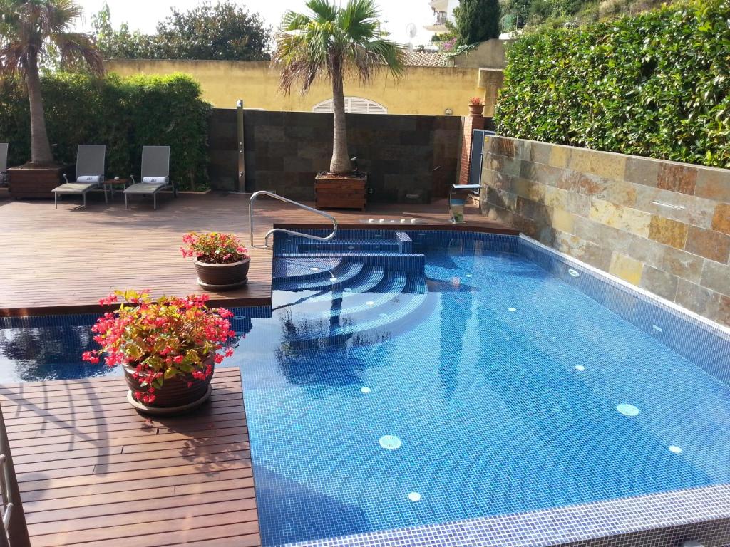 a swimming pool with two potted plants on a deck at Montaltmar in Sant Vicenç de Montalt