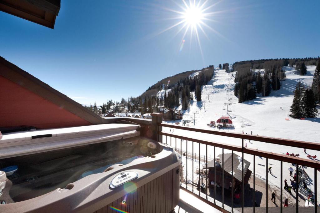 a balcony with a view of a ski slope at Purgatory Lodge Unit 507 in Durango Mountain Resort