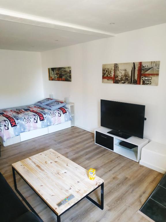 - un salon avec un lit, une télévision et une table basse dans l'établissement Le New York de Marchaux 2, à Marchaux