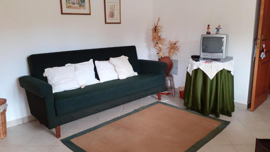 a living room with a green couch and a tv at 2-Beds Sleeps 4 10 min drive to Central Coimbra in Assafarge
