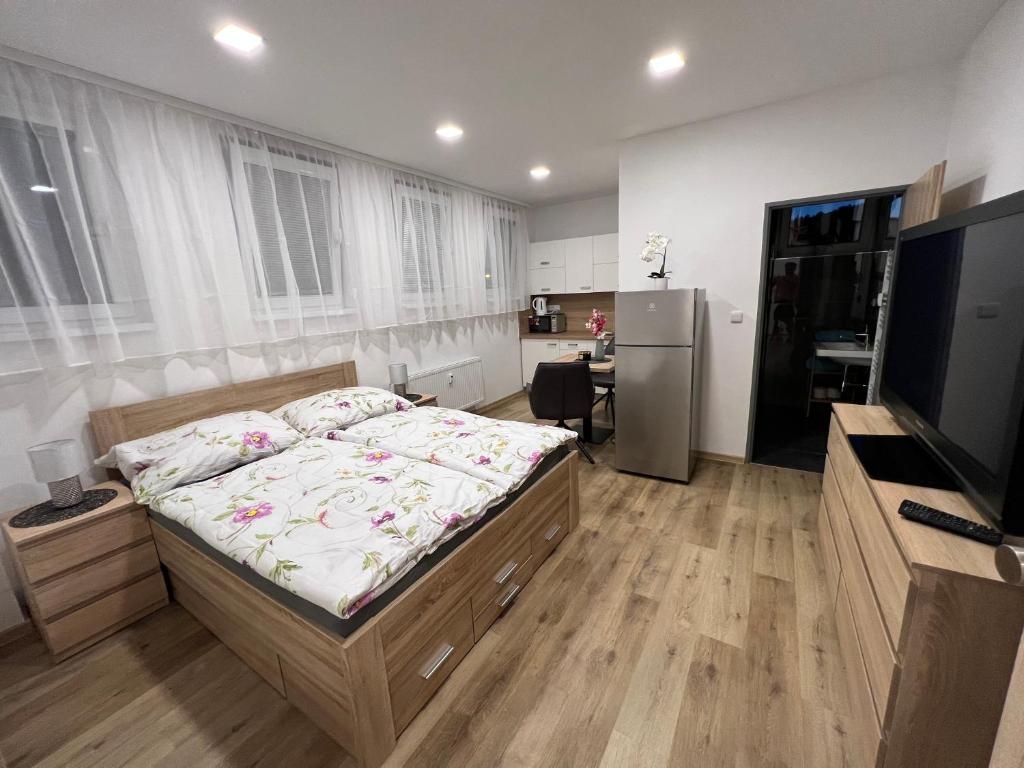 捷克克魯姆洛夫的住宿－Apartmány U Jelena 1，一间卧室配有一张大床和电视