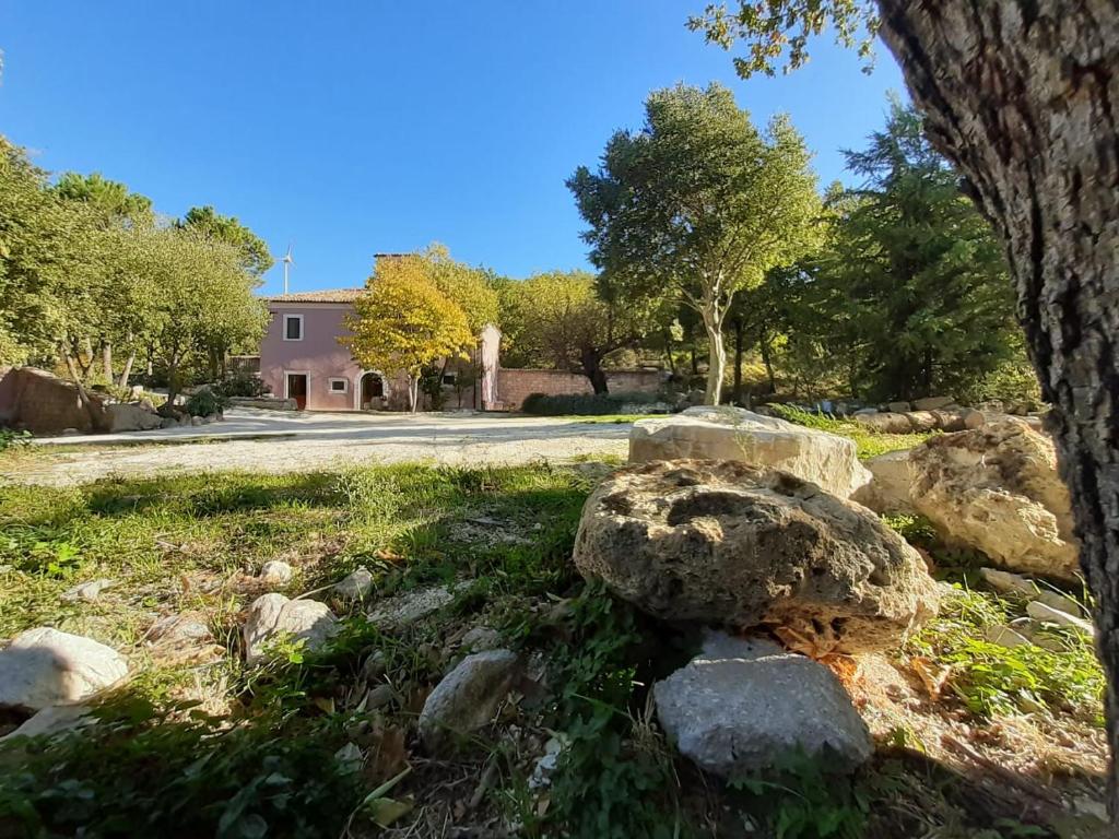 een berg stenen in het gras naast een boom bij azienda agrituristica la torretta in Tocco da Casauria