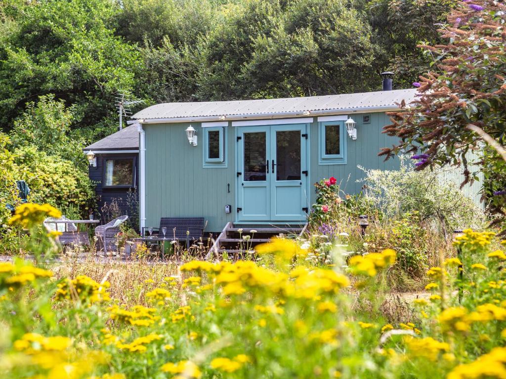 a blue tiny house in a field of flowers at The Shepherd's Hut in Aberdyfi