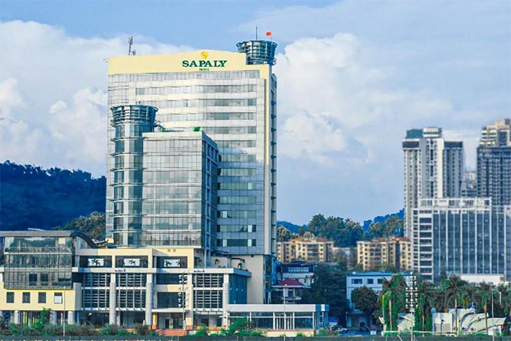 a sony building with a sign on top of it at Sapaly Lao Cai City Hotel in Lao Cai