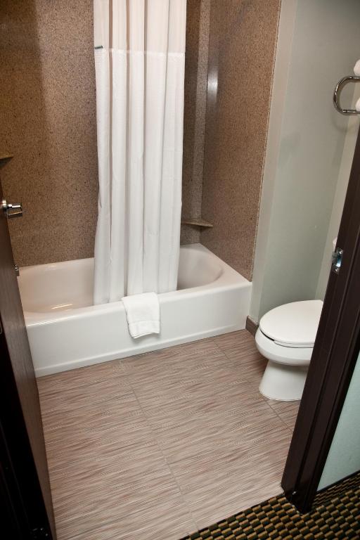a bathroom with a toilet and a shower curtain at Baymont by Wyndham Rapid City in Rapid City