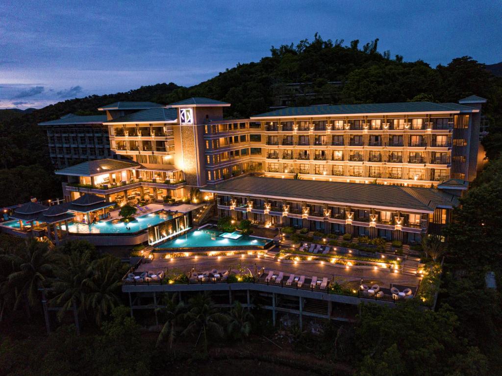 an aerial view of a hotel at night at Zuri Resort in Coron