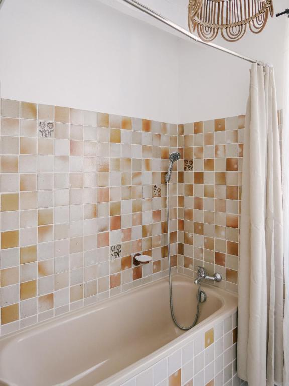 a bathroom with a bath tub with a shower at La Maison Pieuse in Villiers-Saint-Benoît