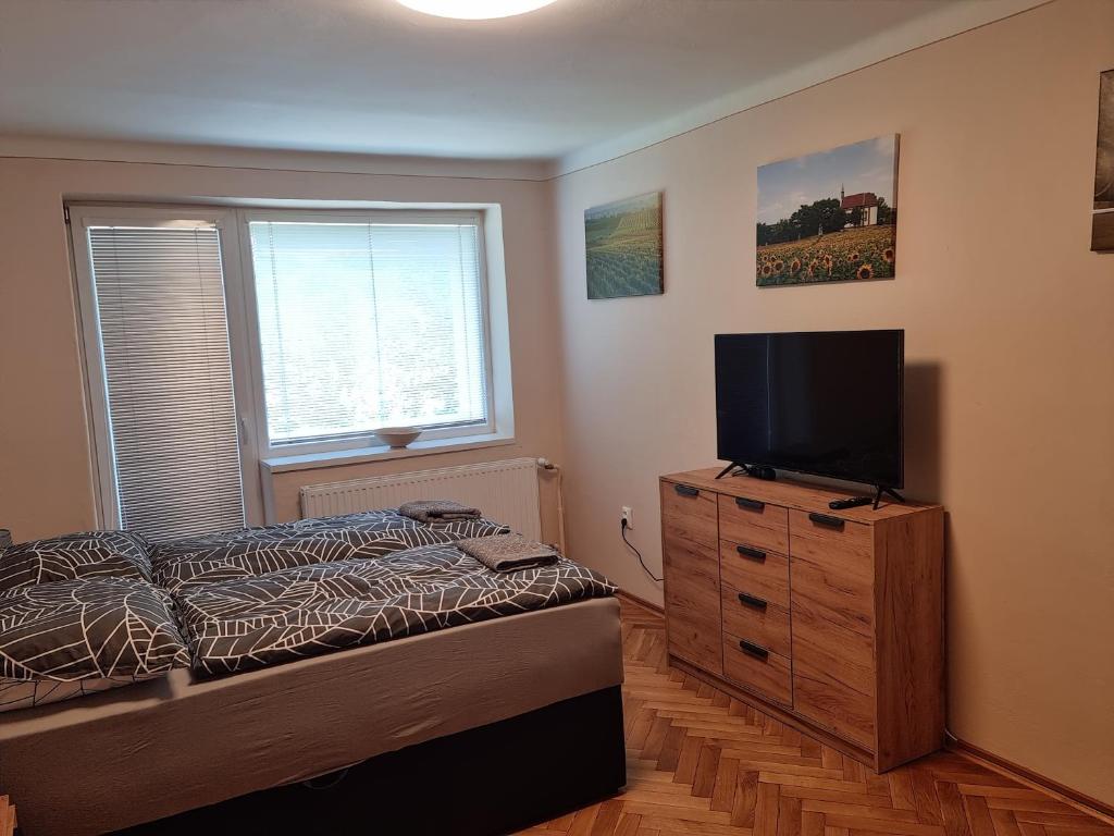 Dormitorio con cama y tocador con TV en Ubytovanie Na Hlavnej, en Strekov