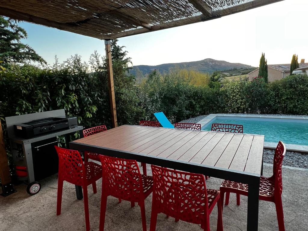 - une table et des chaises à côté de la piscine dans l'établissement Villa Jungle house, à Alba-la-Romaine