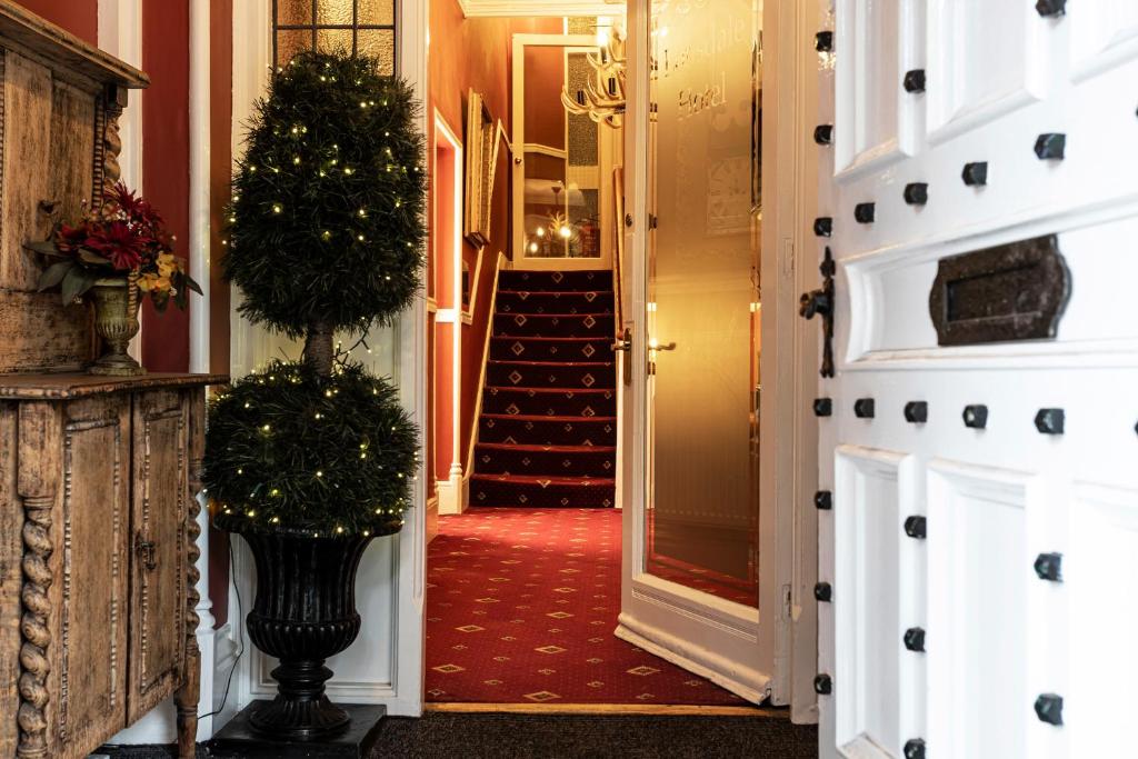 a hallway with a christmas tree in a vase in a hallway at Lonsdale House in Windermere