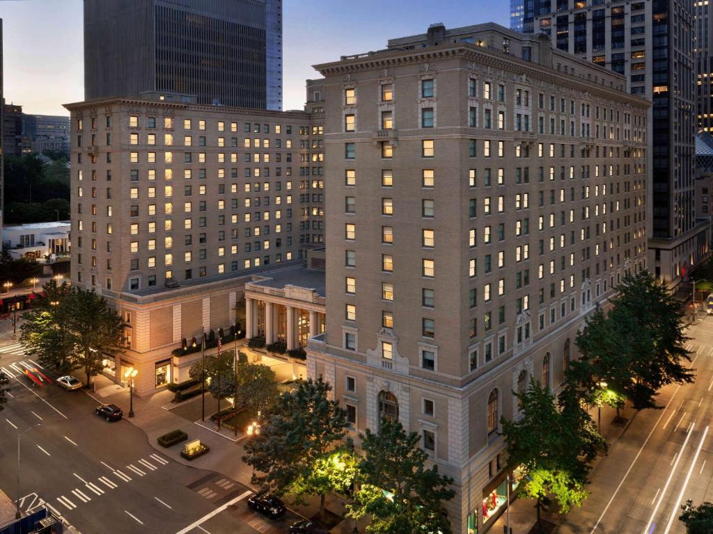 an aerial view of a large building in a city at Fairmont Olympic Hotel in Seattle