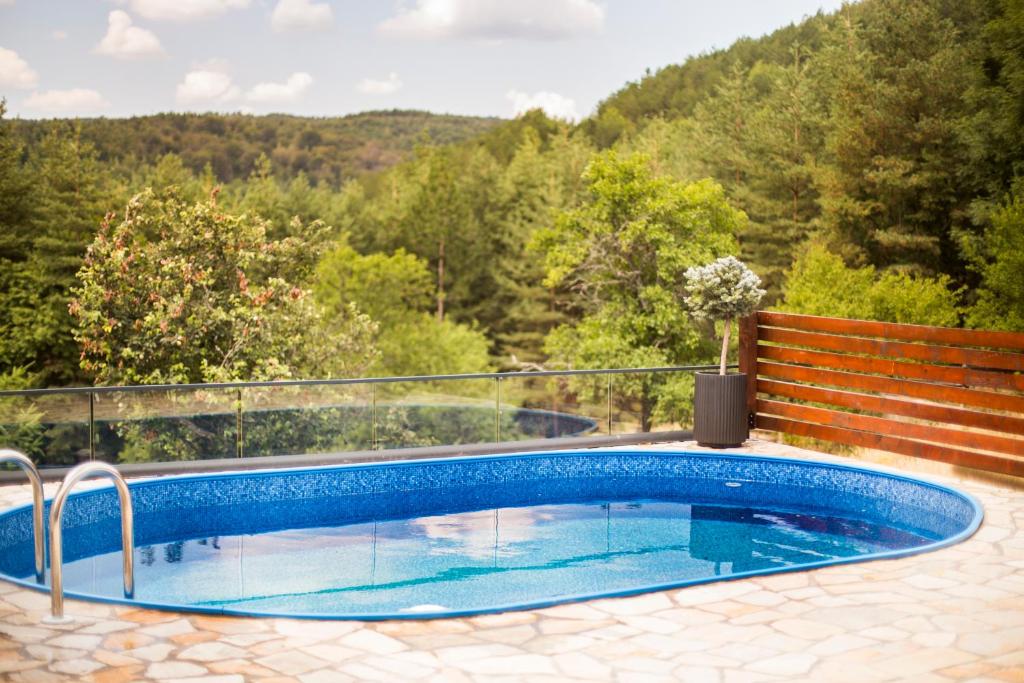 a pool on a patio with a view of the mountains at Divna Vila in Vrnjačka Banja