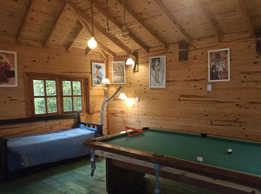 a room with a pool table in a cabin at COEMBOTA Cabañas in Tigre