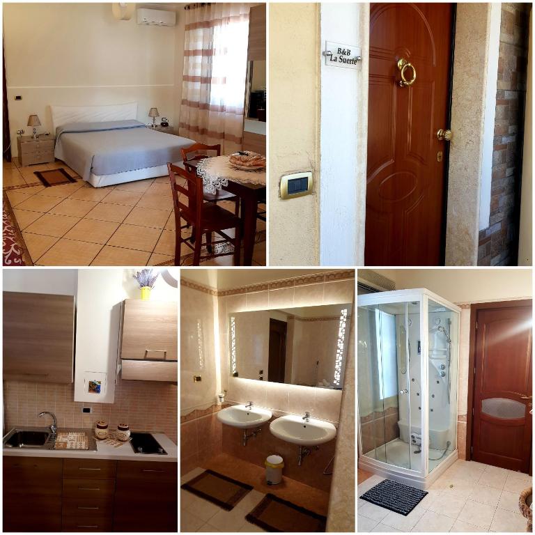 uma colagem de fotos de uma casa de banho e um quarto em La Suerte em Sant'Egidio del Monte Albino