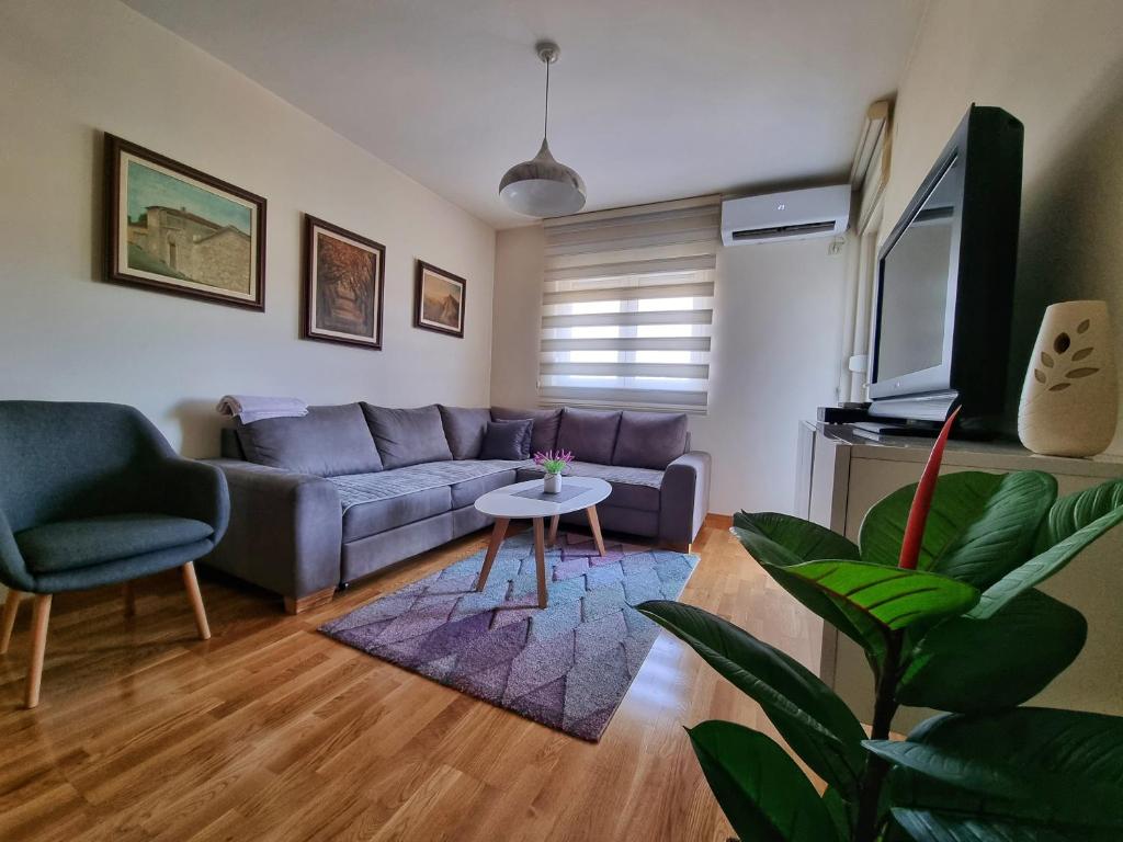 un soggiorno con divano e tavolo di Riverside Apartment a Podgorica