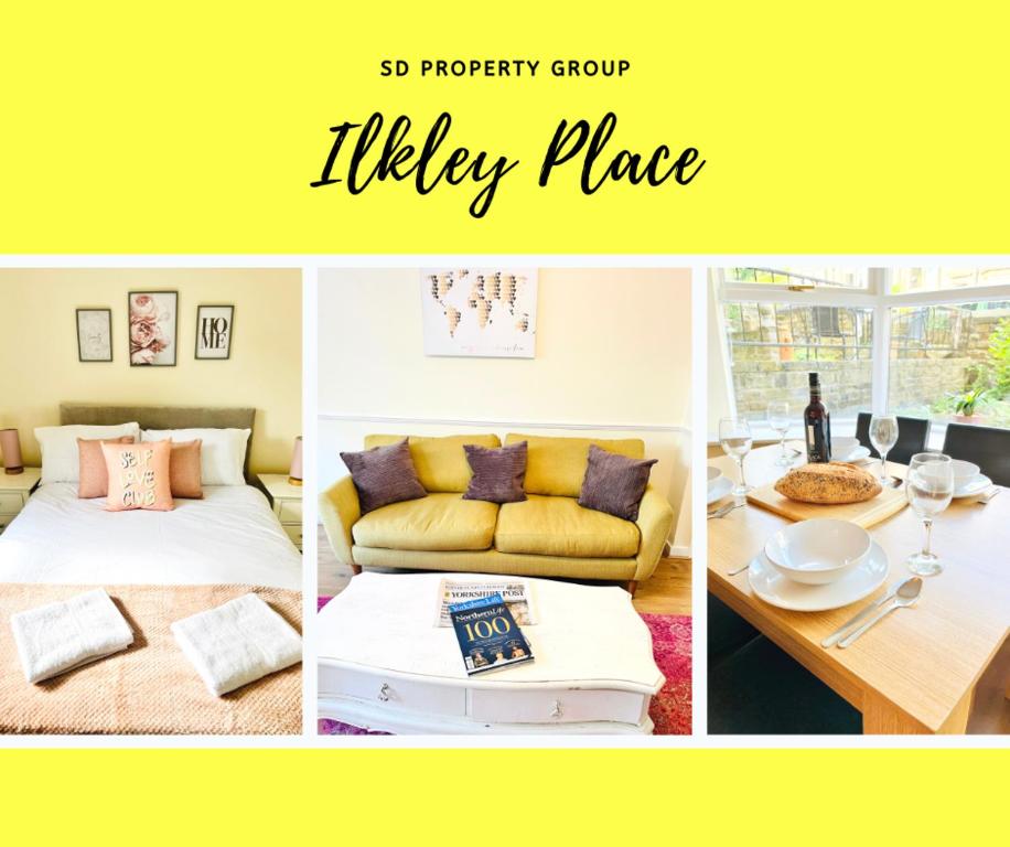 a collage of pictures of a living room with a yellow couch at Ilkley Place in Ilkley