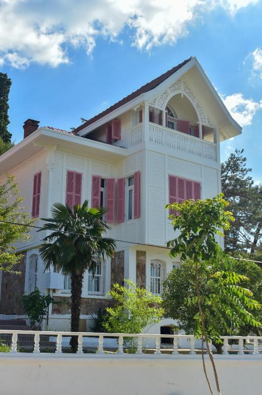 a white house with pink windows and a palm tree at Noya Köşk Otel in Adalar