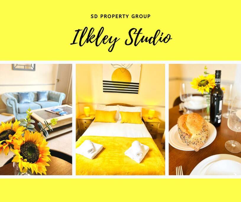 a collage of pictures of a bedroom with a bed and sunflowers at Ilkley Studio in Ilkley