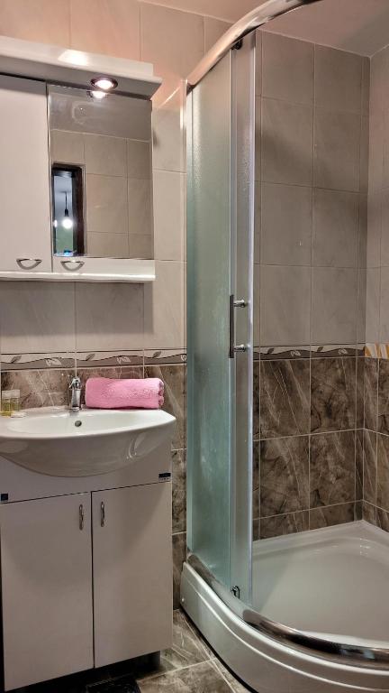 a bathroom with a shower and a sink and a tub at Apartman Panorama in Mokra Gora