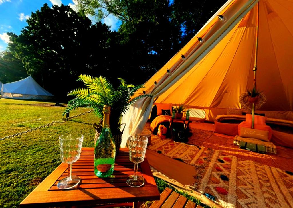 Clodock的住宿－CAYORETREAT LUXURY BELL TENT，一张桌子,上面放有两杯酒和帐篷