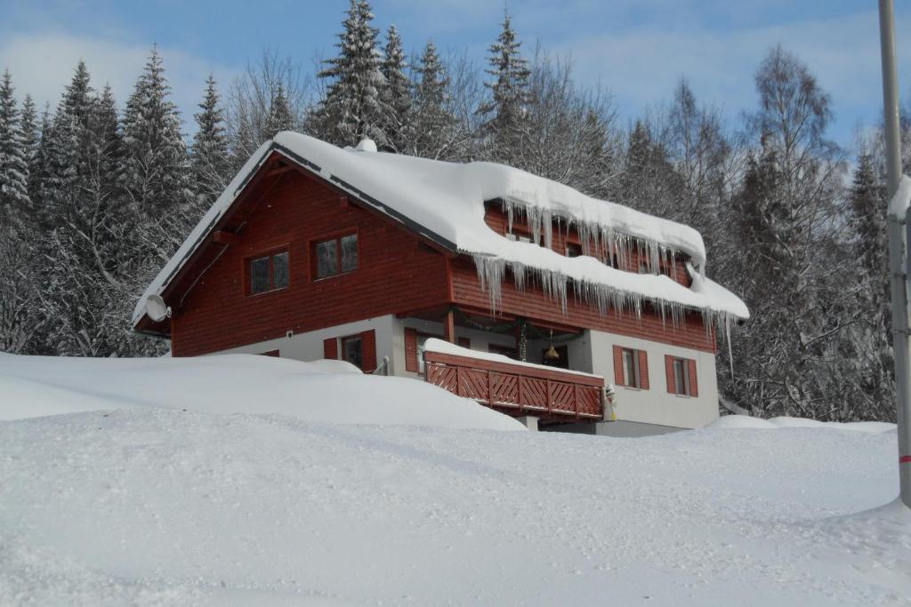een huis bedekt met sneeuw op een berg sneeuw bij Vila Kamila in Janske Lazne