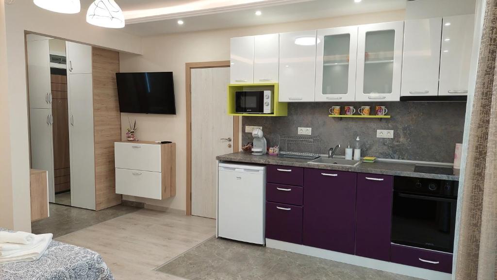A kitchen or kitchenette at Sunrise City A1, Sarafovo