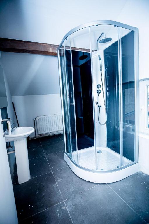 a glass shower in a bathroom with a sink at Belle chambre sur liège in Liège