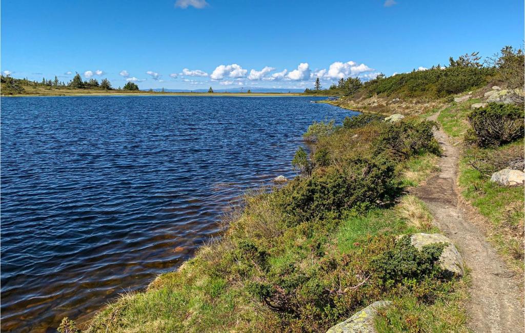 a large body of water next to a dirt road at 4 Bedroom Beautiful Home In Sjusjen in Sjusjøen