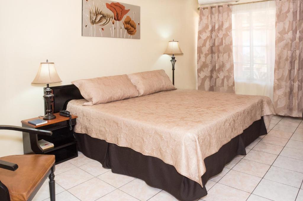 a bedroom with a bed and a table and a chair at Hotel Tropico Inn in San Miguel