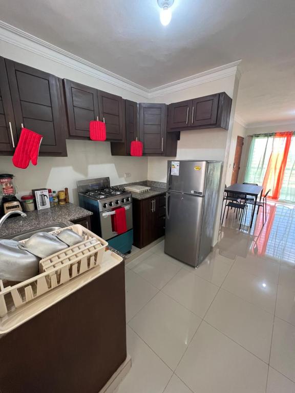a kitchen with wooden cabinets and a stainless steel refrigerator at Luxury Apartment "Santo Domingo Este" in San Isidro