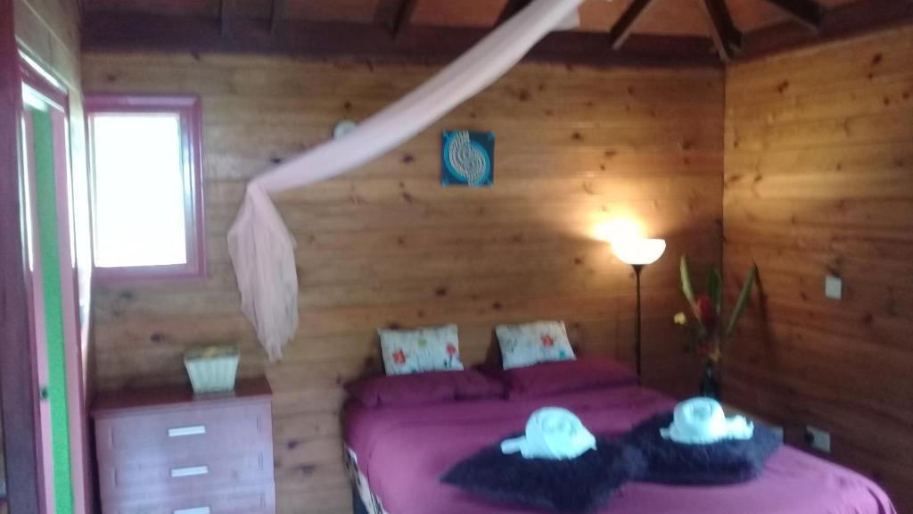 ein Schlafzimmer mit einem rosa Bett in einer Blockhütte in der Unterkunft 3 Rivers Eco Lodge in Rosalie