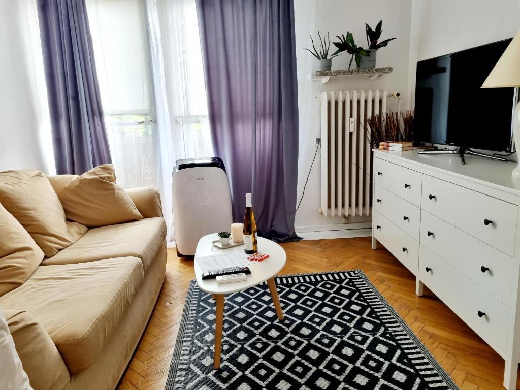 salon z kanapą i stolikiem kawowym w obiekcie Apartament Miodowa Warszawa w Warszawie