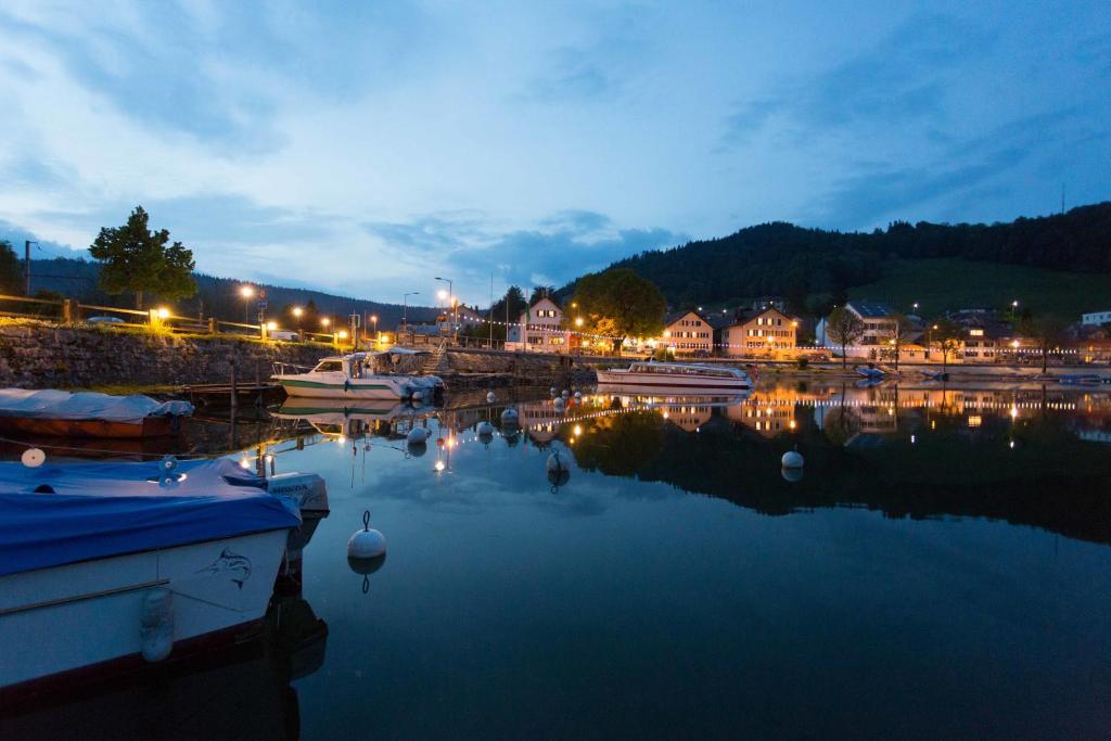 un port de plaisance de nuit avec des bateaux dans l'eau dans l'établissement HOTEL de la Truite & SPA Le petit Nautilus, à Le Pont