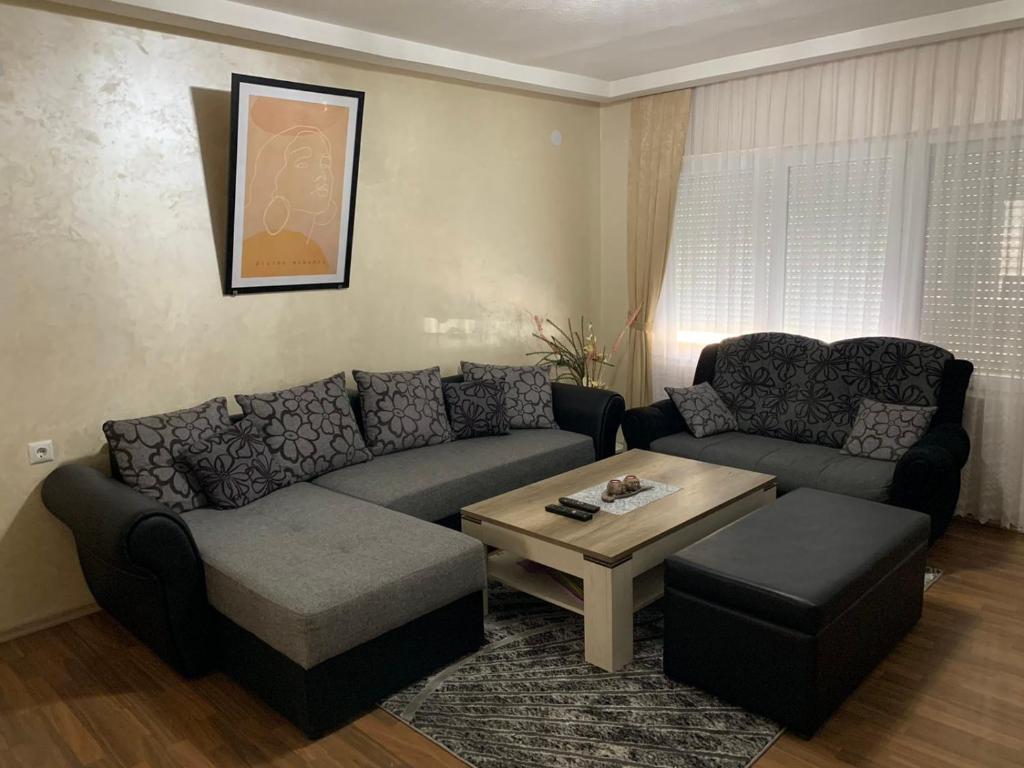 a living room with a couch and a coffee table at Anja Apartman in Bosanski Šamac