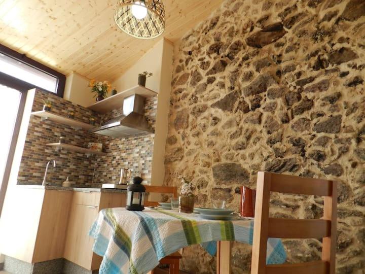 尼格蘭的住宿－CASA BENINAUS，厨房配有桌子和石墙