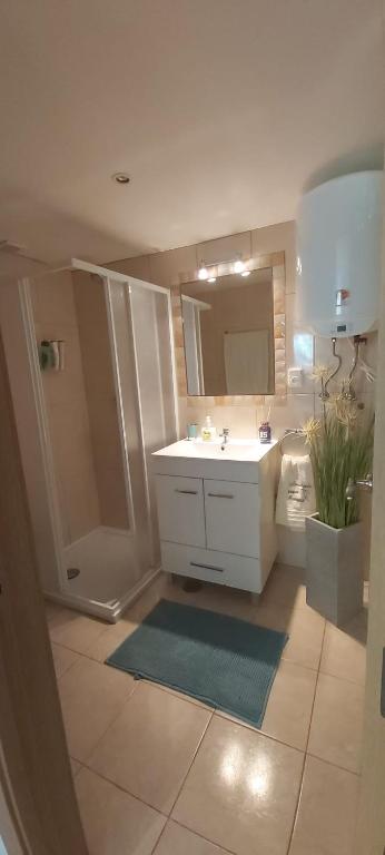 a bathroom with a shower and a sink and a mirror at Seixal Bay House!! in Seixal